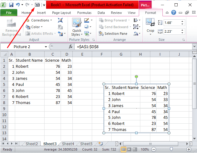 จับภาพหน้าจอโดยใช้ Excel Camera