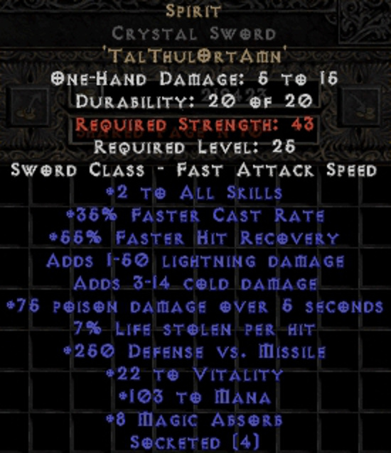 cRPG Blog SPIRIT RUNEWORD, Diablo 2 Resurrected, crystal sword, TAL