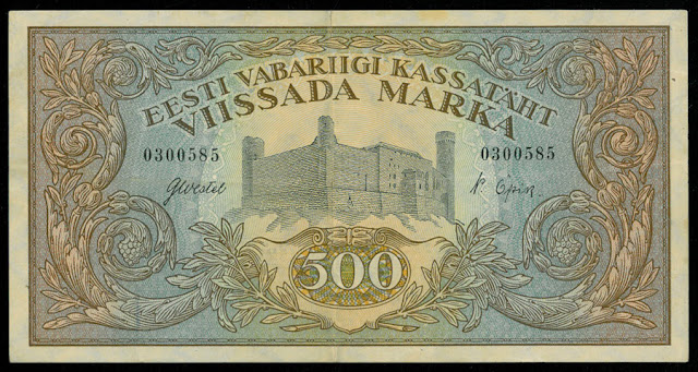 Estonia currency money 500 Marka Banknote Toompea Castle in Tallinn, Estonia