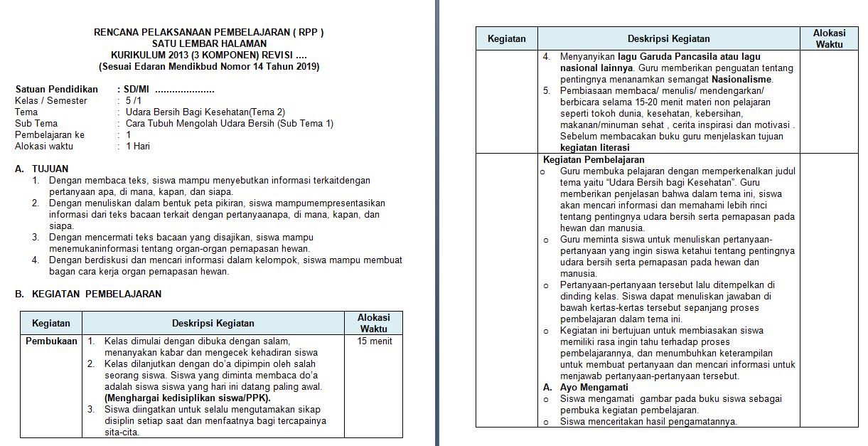 RPP 1 Lembar Kelas 5 Tema 2 Kurikulum 2013 Revisi 2020 Informasi