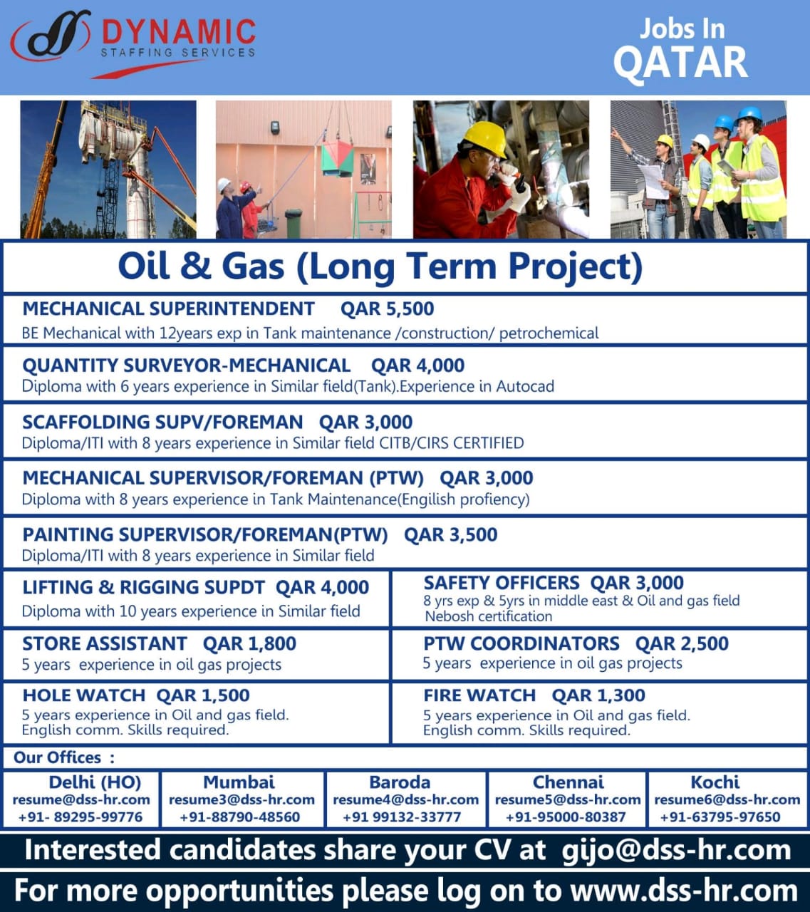 Dynamic Staffing Service Qatar jobs for Mechanical Foreman Painting Store Hole watch Safety Fire