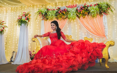 Nisha Krishnan in her wedding reception gown by Rachel