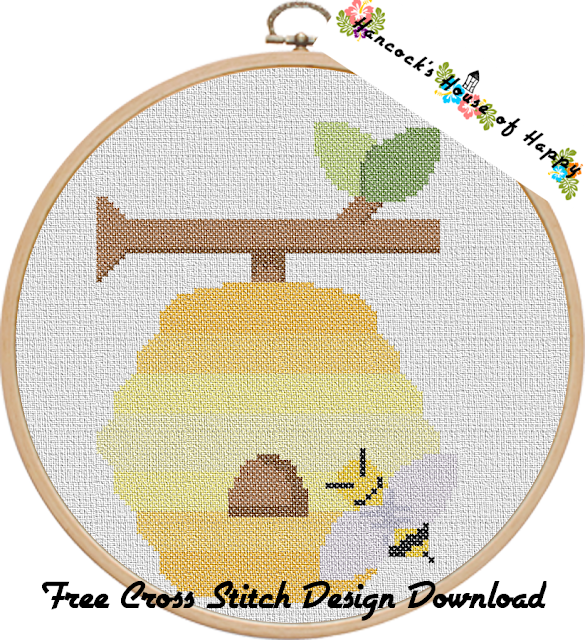 Fall Fair Week! Free and Easy Beginner Friendly Cross Stitch Design of A Bee and Bee Hive to Download