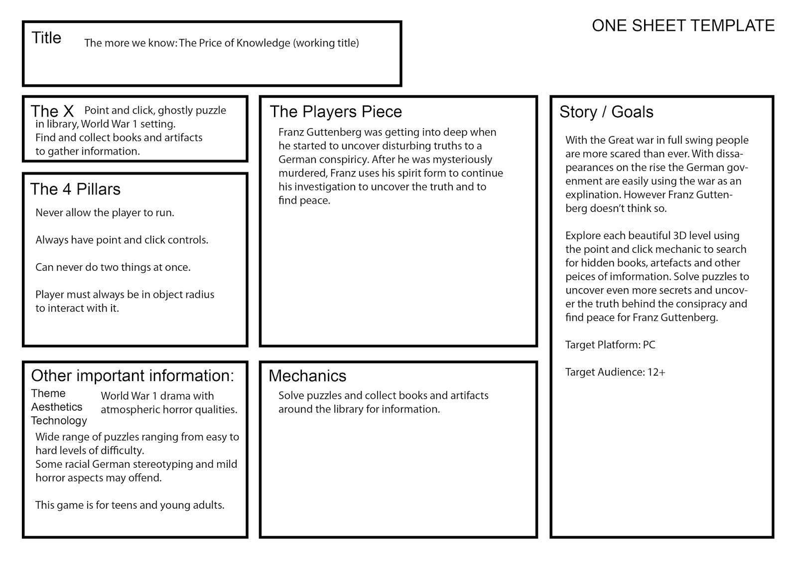 Games Production One Sheet