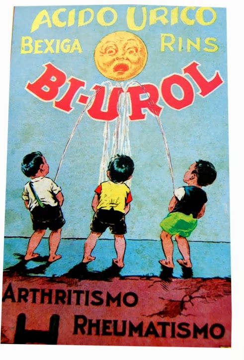 Propaganda irreverente do Bi-Urol. Três crianças fazendo xixi. 1930