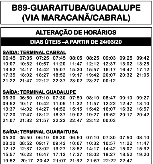 Horário de ônibus B89 GUARAITUBA/GUADALUPE (VIA MARACANÃ/CABRAL) 2021
