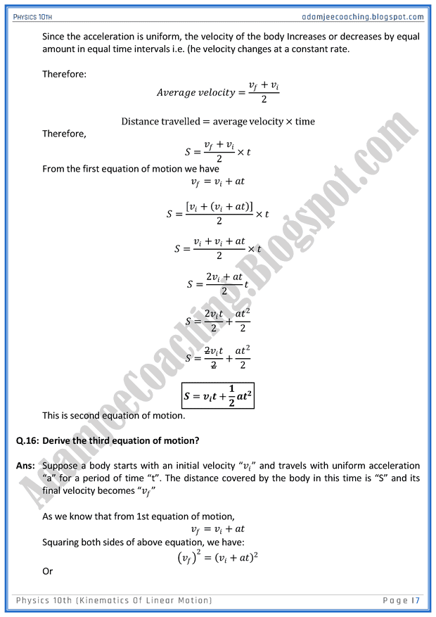 Adamjee Coaching: Kinematics of Linear Motion - Question Answers