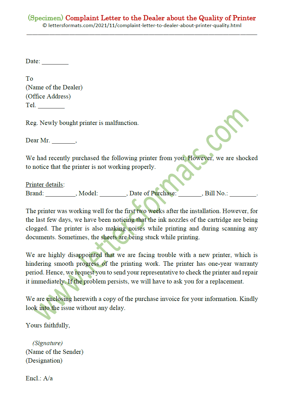 Sample Complaint Letter to Dealer about the Quality of Printer