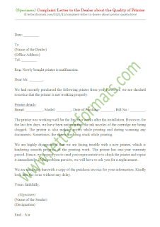 write a letter to dealer complaint about the quality of printer