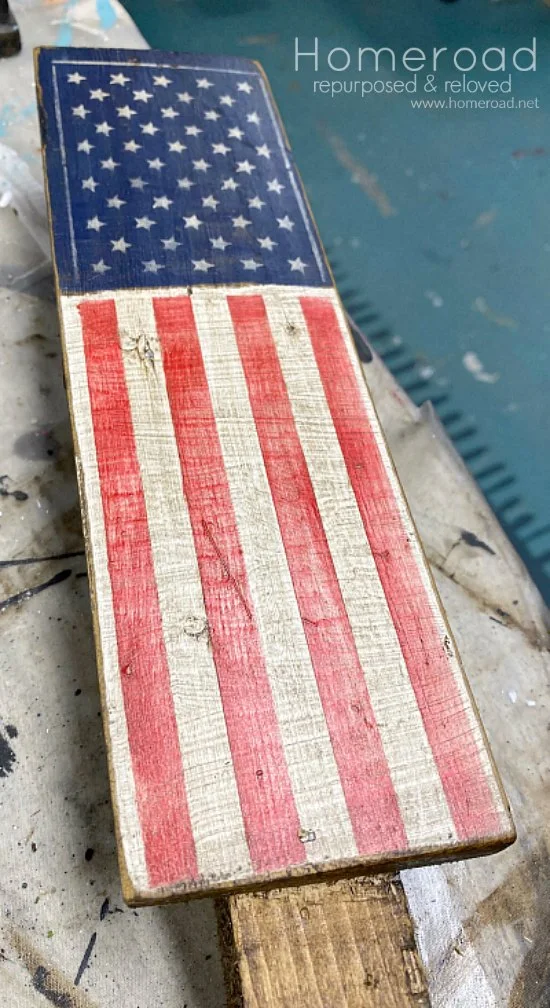 American flag plant stake with an antiqued finish