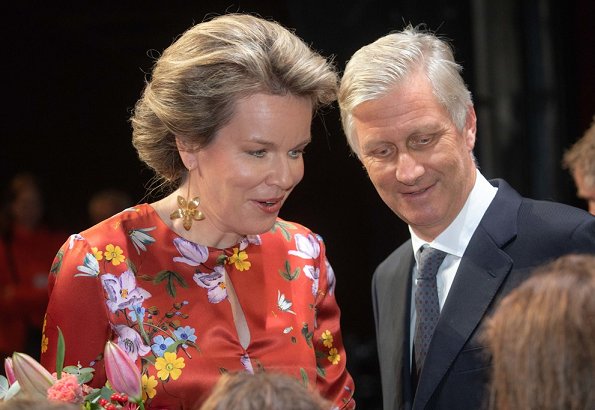 Queen Mathilde wore Erdem Venice Silk Satin Gown and Delphine Nardin Gold leaf earrings at fundraising gala in Antwerp
