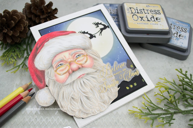 Christmas card, Picket Fence Studios, colored pencil coloring, realistic coloring, Polychromos pencils, Santa Claus, Believe in the Magic stamp set, Arctic Winter Stencil, Our Town Cover Plate Die, handmade card, diy Christmas Card