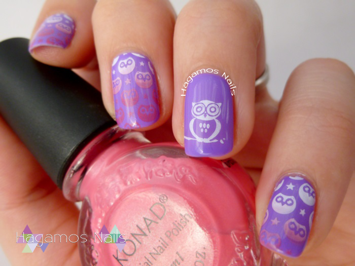 Nail Art Violeta con Buhos. Konad España. Ros3s Cosmetics. Hagamos Nails