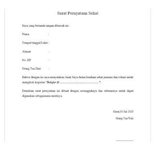 Surat pernyataan Sehat dari orang tua untun anak Bersekolah