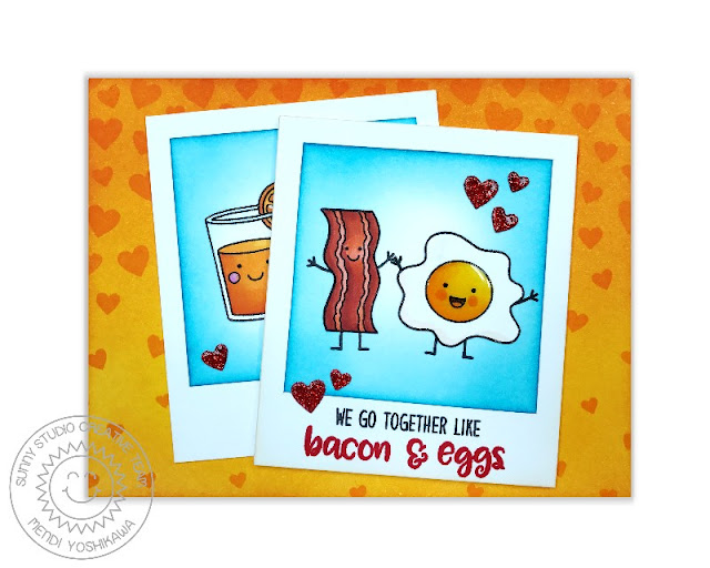 Sunny Studio Stamps: Breakfast Puns & Cascading Heart Bacon & Eggs Card by Mendi Yoshikawa