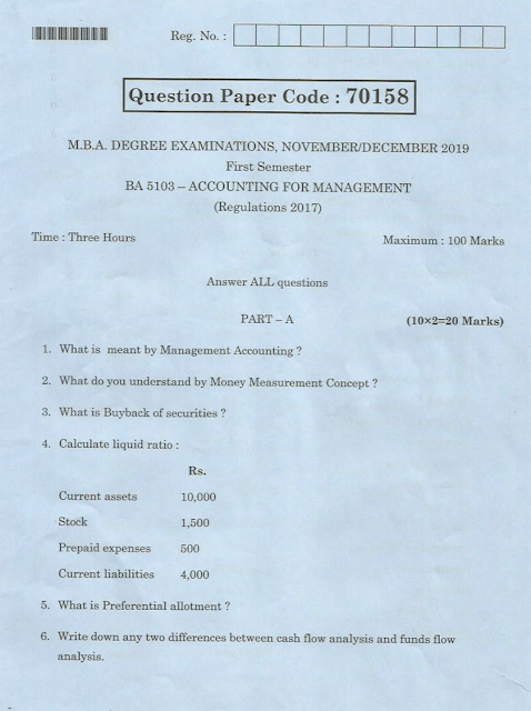 Anna University BA5103 Accounting for Management Nov Dec 2019 Question ...