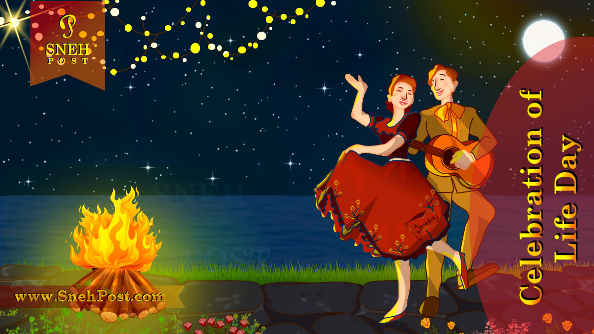 Celebration of Life Day illustration cartoon of a couple singing and dancing during a fire camp under the moon and stars filled sky during a beautiful night: The boy playing guitar and beautiful girl dancing on the stones near the sea beach landscape!