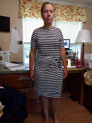 Butterick 6621 View C Navy Stripe Mock Wrap Knit Dress www.sewplus.blogspot.com