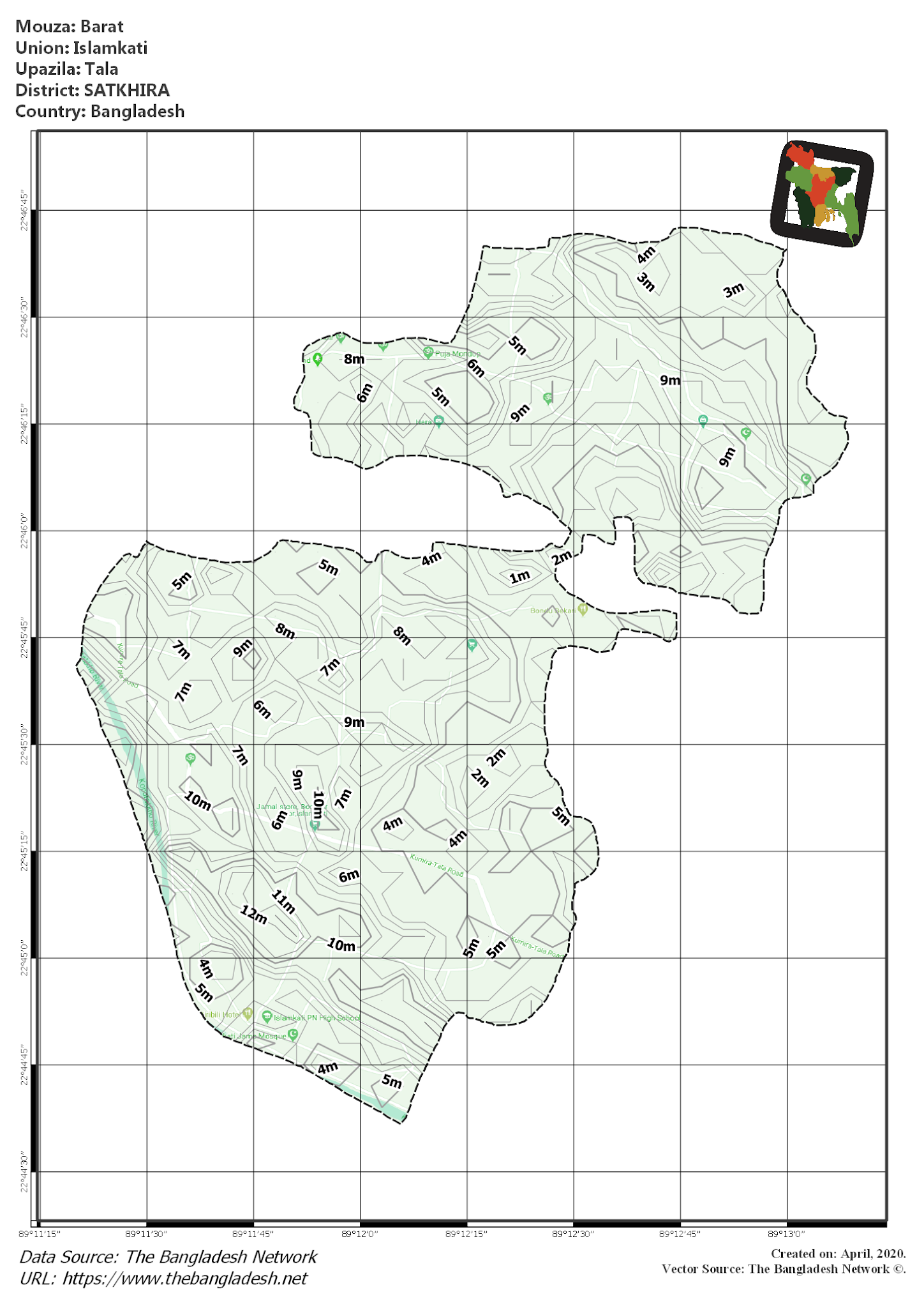 Map of Barat Mouza of Tala Upazila, SATKHIRA, Bangladesh.