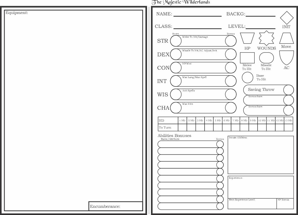 Bat in the Attic Bat in the Attic Kickstarter, Character Sheet