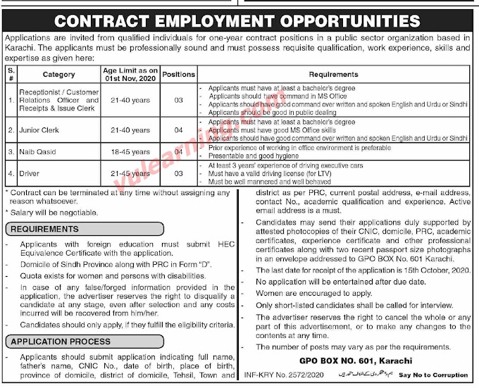 Public Sector Organization PO Box 601 Karachi Jobs 2020
