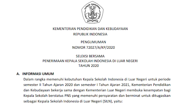  endaftaran Penerimaan atau rekrutmen Calon Kepala (SILN) Sekolah Indonesia Di Luar Negeri Tahun 2020
