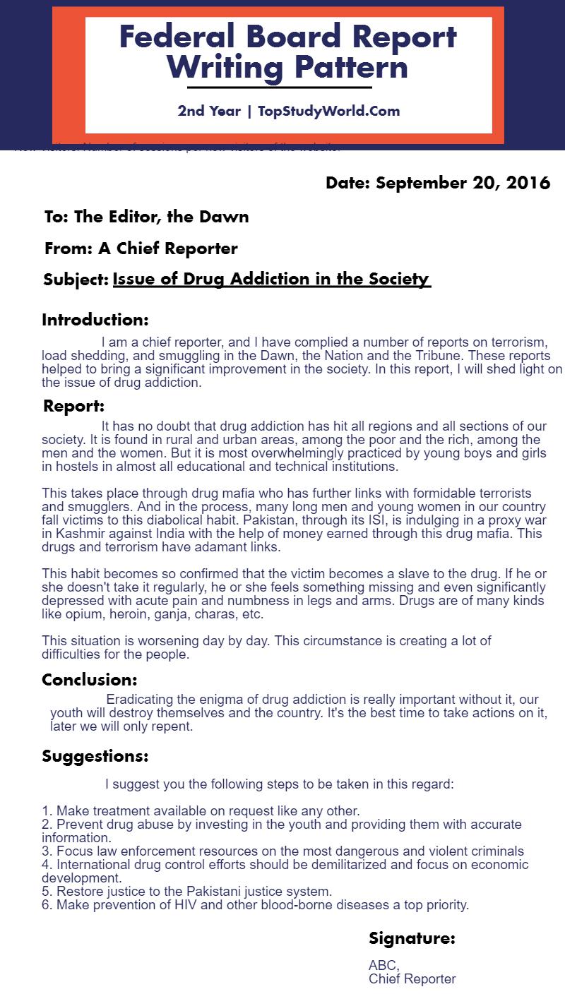 drug addiction report writing