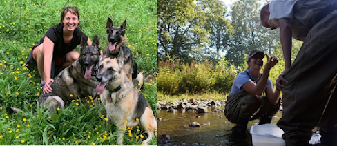 Tanya in field with dogs, Tanya in stream study