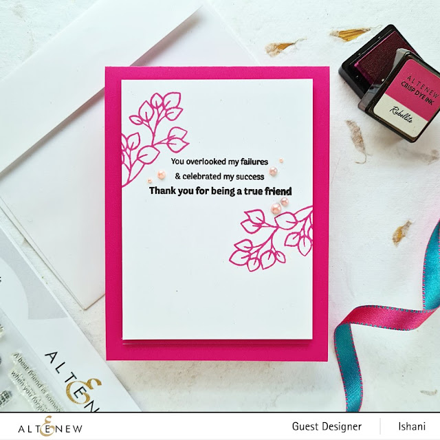 Altenew True friends stamp set and stencil bundle, Friendship cards, CAS cards girl for friends, Simple stamped card, Pink card for girls,, Leaf cards, card with leaves, Clean and simple cards, Quillish, Guest designer Ishani, Altenew guest designer