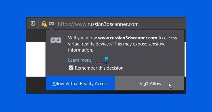 bloquear solicitudes de sitios web para acceder a dispositivos de realidad virtual en Firefox