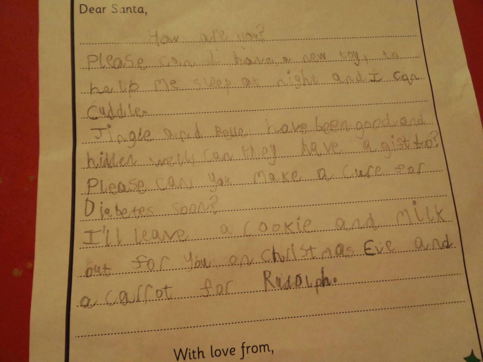 BB's letter to Santa asking him to cure diabetes soon