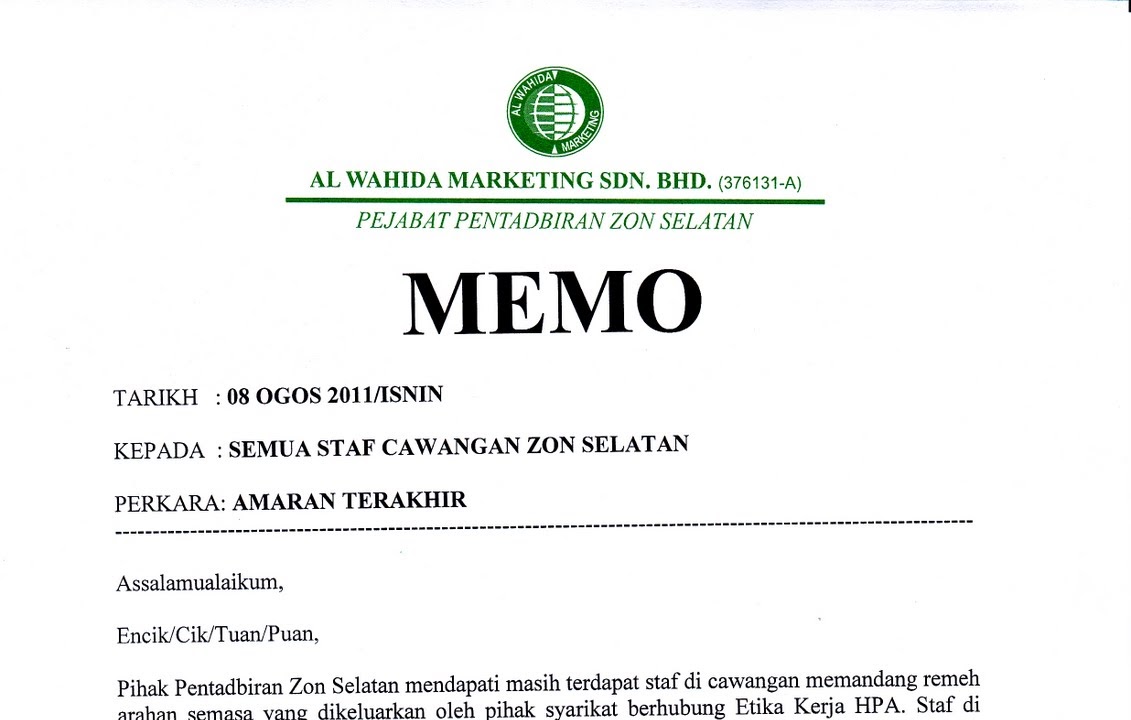 Contoh Surat Amaran Kelewatan Kerja Jkr