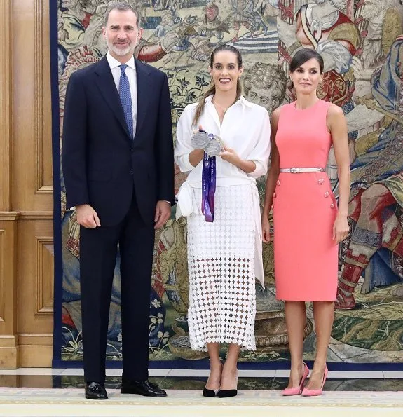 Queen Letizia wore a button detail stretch wool dress by Michael Kors. swimmer Ona Carbonell at Zarzuela Palace in Madrid