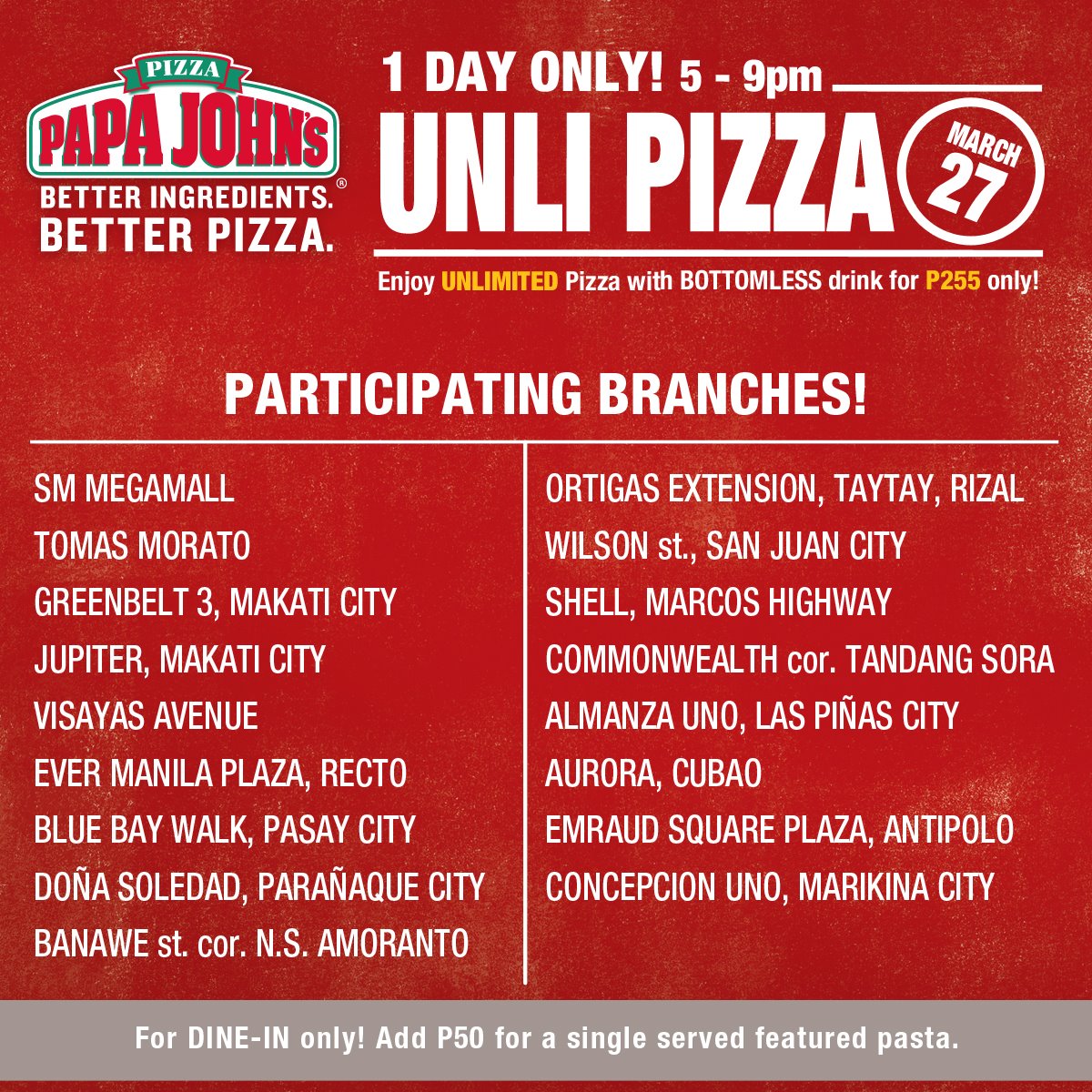 Unlimited Pizza on Easter Sunday at Papa Johns