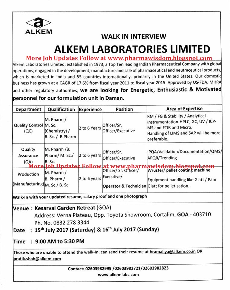 ALKEM LABORATORIES LIMITED WalkIn Interviews on 15th & 16th July