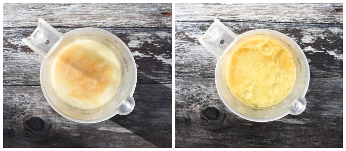 Making raspberry & white chocolate cupcakes - step 4 Making raspberry & white chocolate cupcakes - step 4 - vanilla extract and oil added to the milk