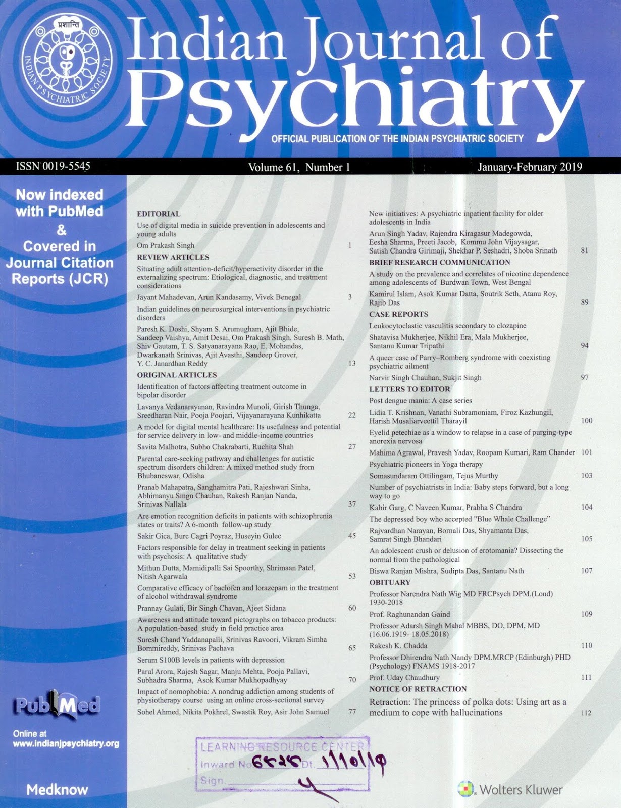http://www.indianjpsychiatry.org/showBackIssue.asp?issn=0019-5545;year=2019;volume=61;issue=1;month=January-February