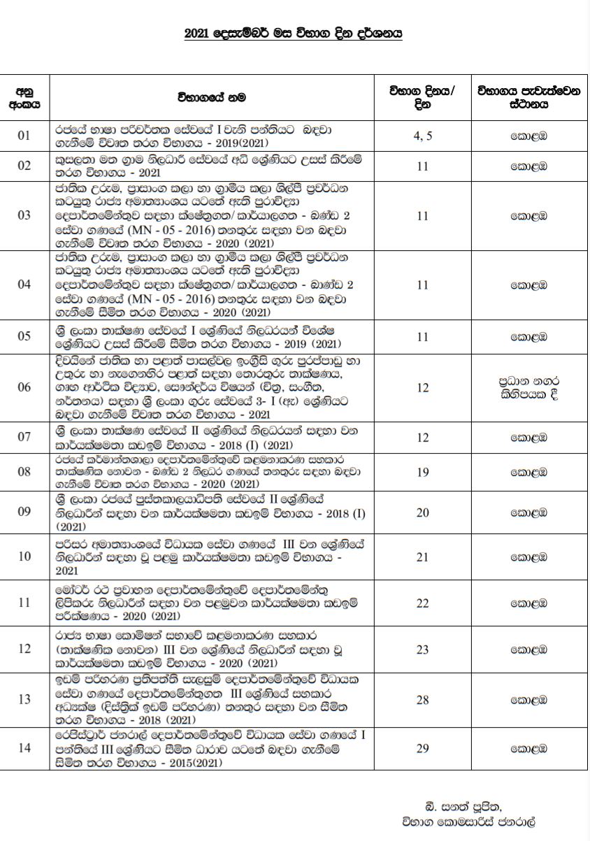 2021 දෙසැම්බර් මාසයේ පැවැත්වීමට නියමිත විභාග සහ විභාග දින