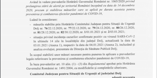 Noi restricţii la Calafat din cauza numărului mare de infectări cu SARS-CoV-2