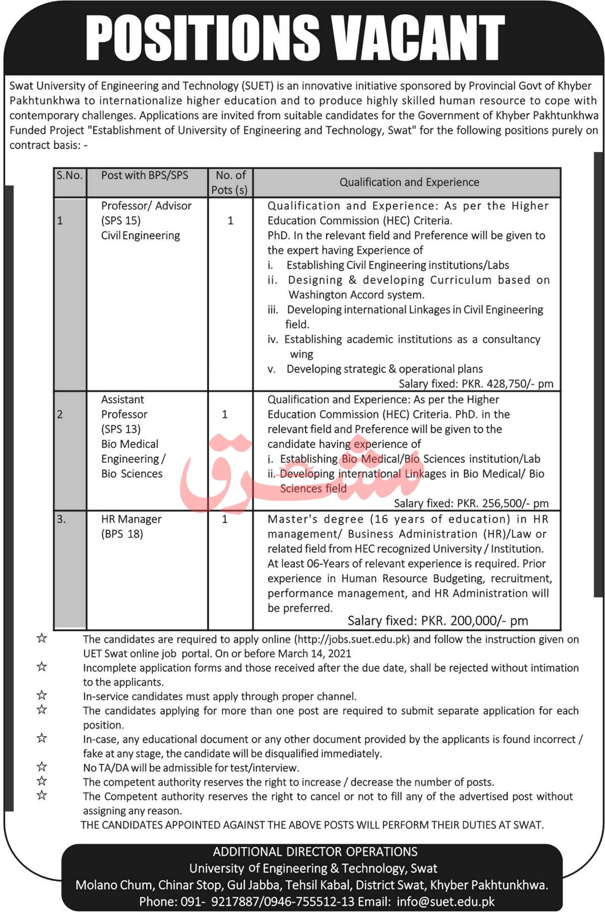 Swat University of Engineering and Technology (SUET) Jobs 2021 in