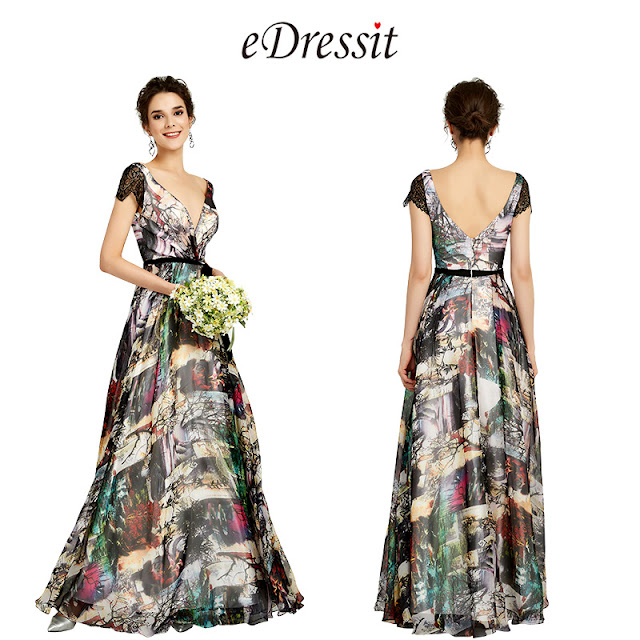 Deep V-Cut Cap Sleeves Floral Print Party Dress