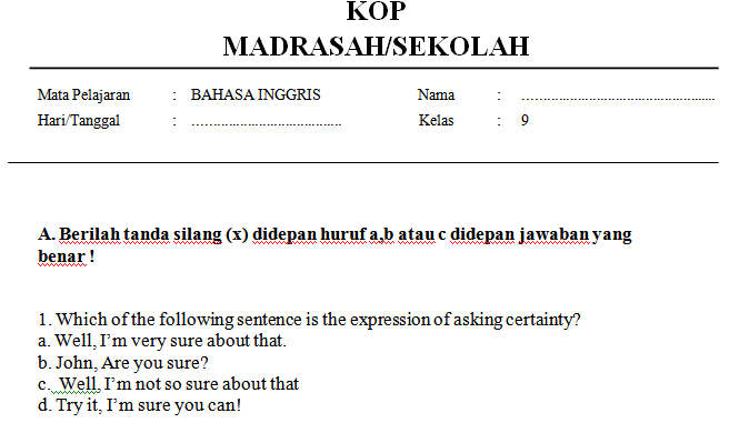 Soal UTS PTS BAHASA INGGRIS Kelas 9 Semester 1 Kurikulum 2013