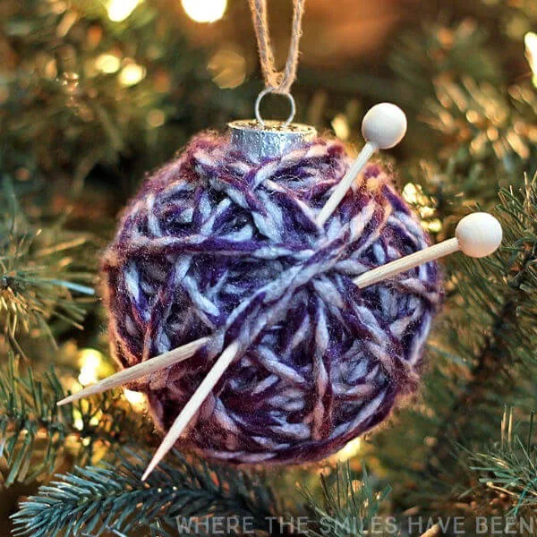 yarn ball ornaments with mini knitting needles