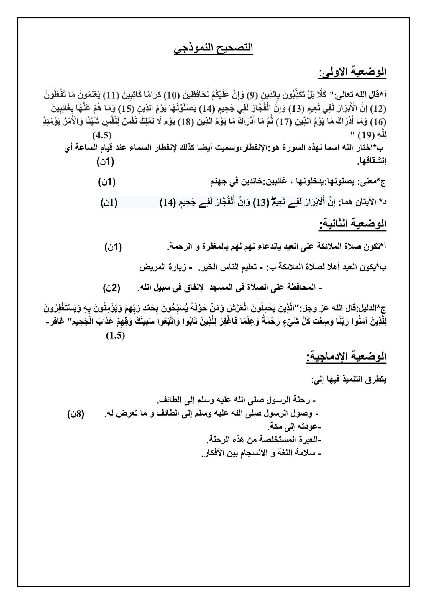 فرض التربية الإسلامية الفصل الثاني للسنة الثانية متوسط - الجيل الثاني نموذج 2