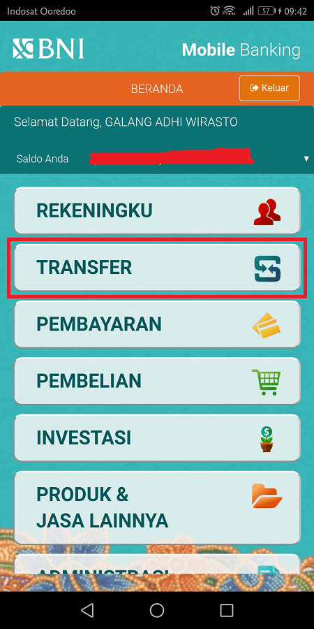 setelah login ke mobile banking, klik menu transfer untuk mengirim uang