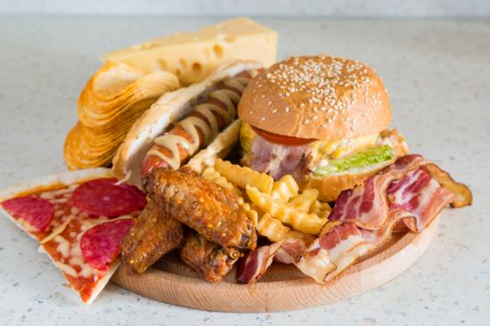 junk food, processed food, pizza, cheeseburger, hot dog
