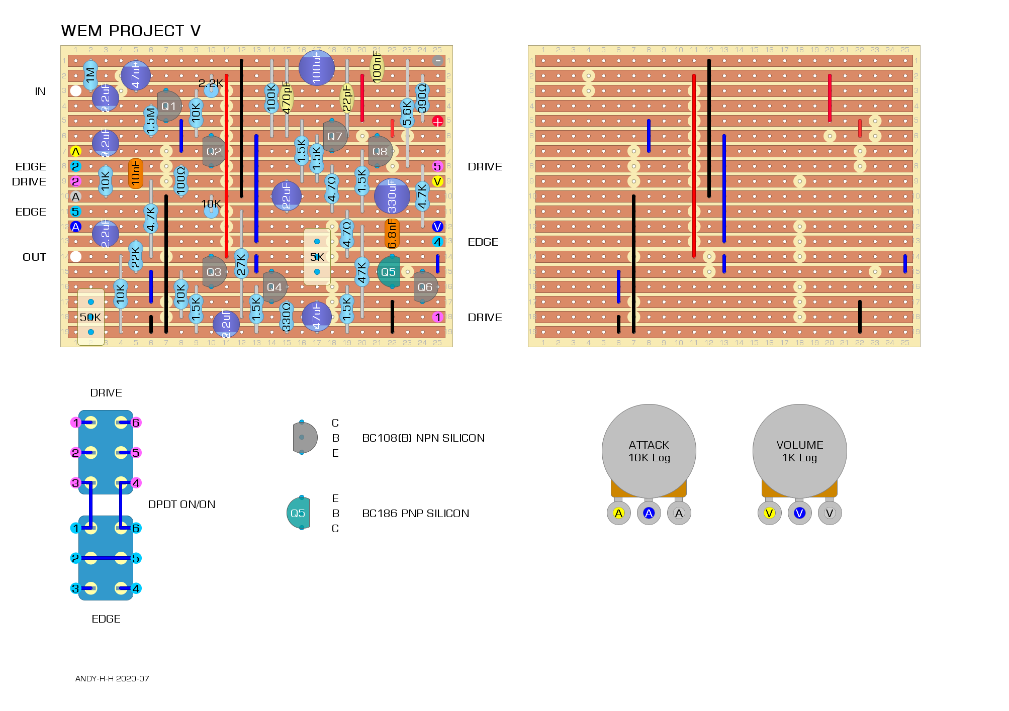 WEM Project V, Vero Layout Guitar Effects Vero Point to Point Tag Board Layouts