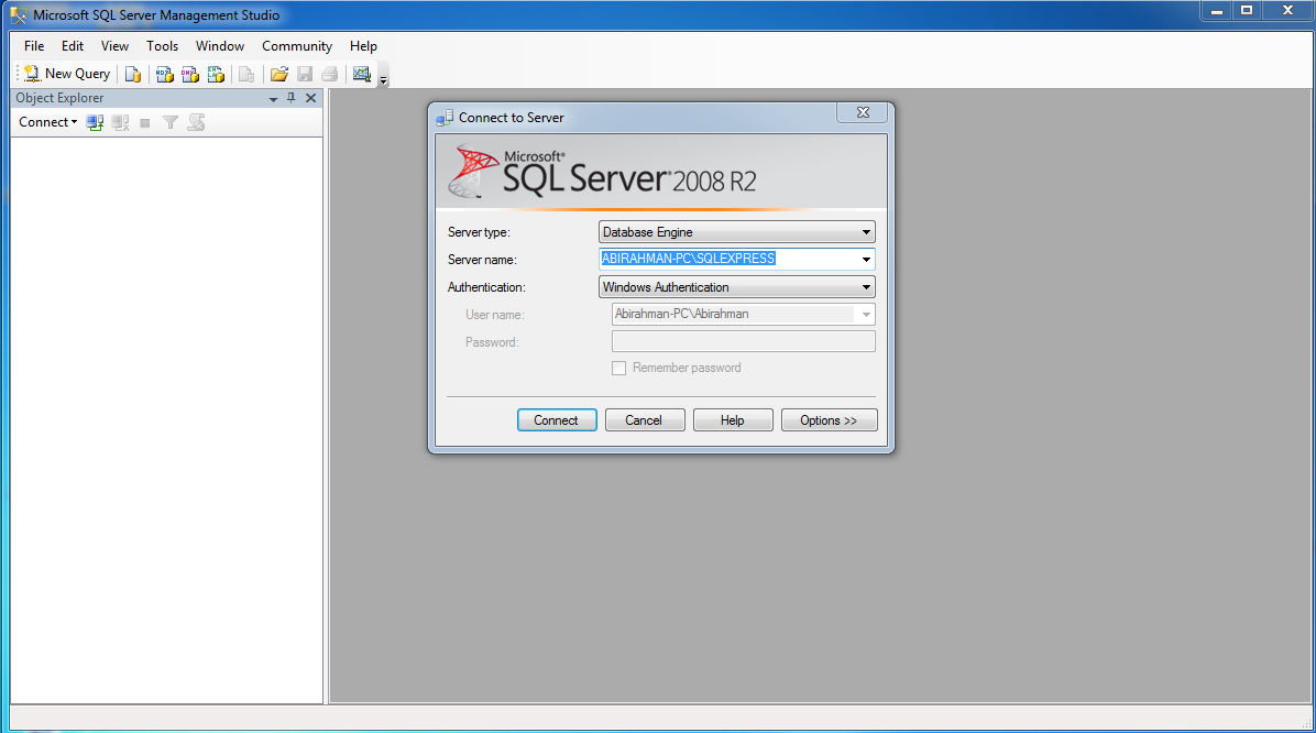 Имя сервера SQL Server Management Studio.
