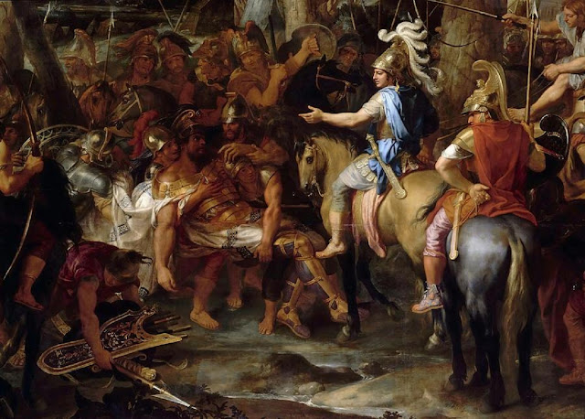 Картина Чарльза Ле Бруна, изображающая Александра и Гефестиона (в красном плаще), стоящих лицом к Порусу во время битвы при Гидаспе.