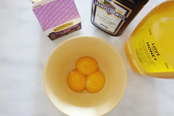 cream, wine, honey and egg yolks prep